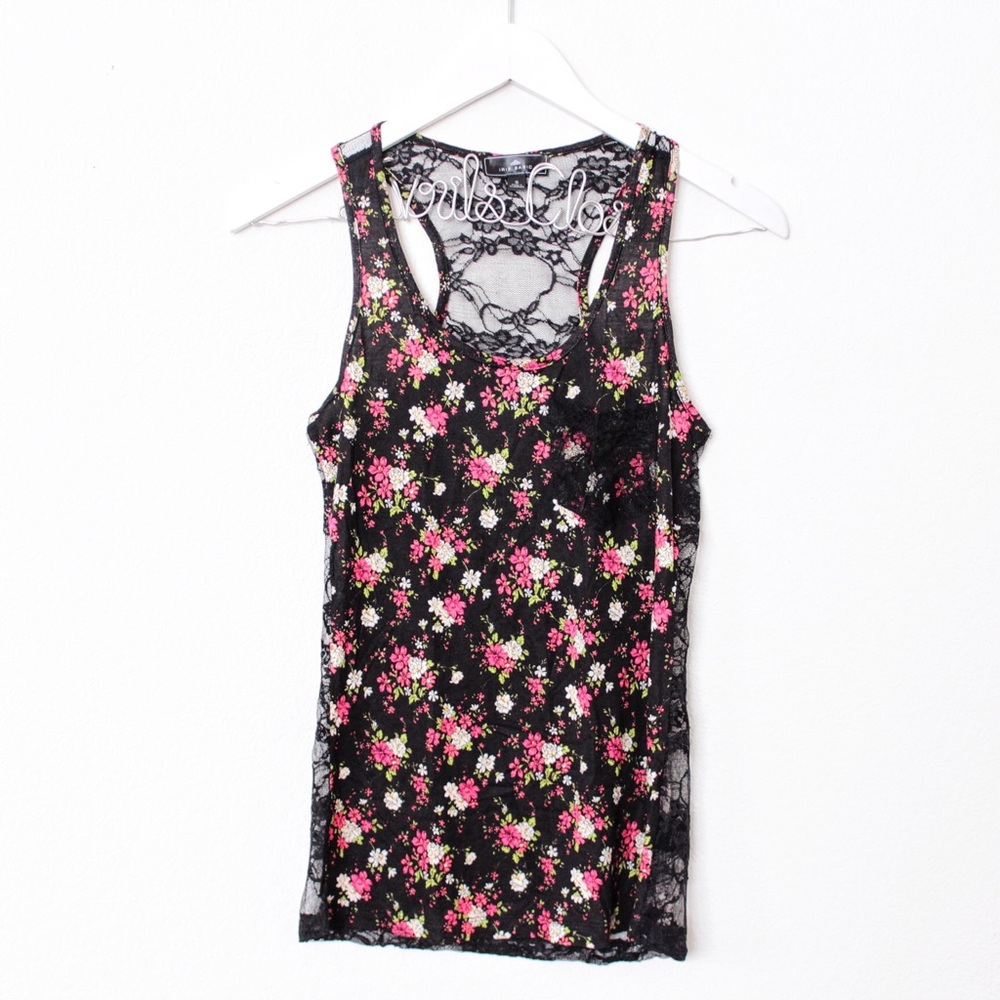 ♡ Iris Basic Black Floral Lace Sheer Back Top ♡